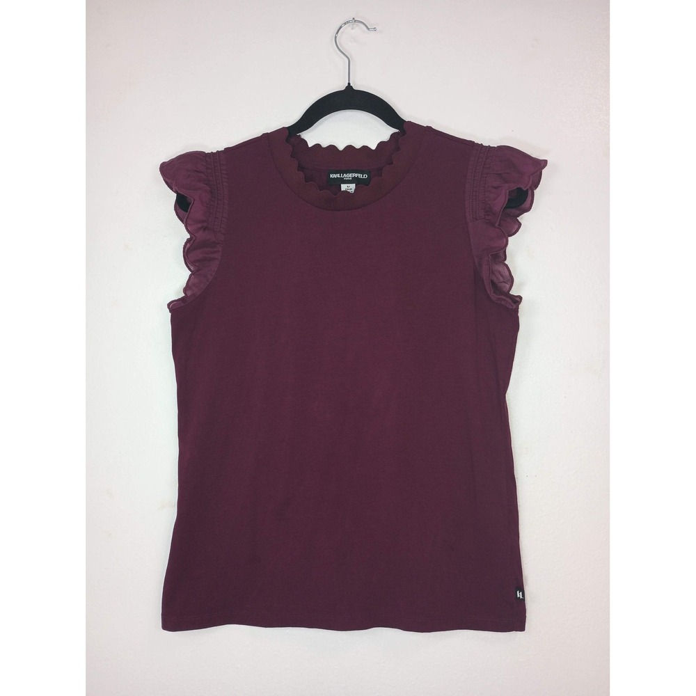Karl Lagerfeld Paris Ruffle Sleeve Scallop Neck Top Burgundy Small Whimsigoth - Picture 2 of 7